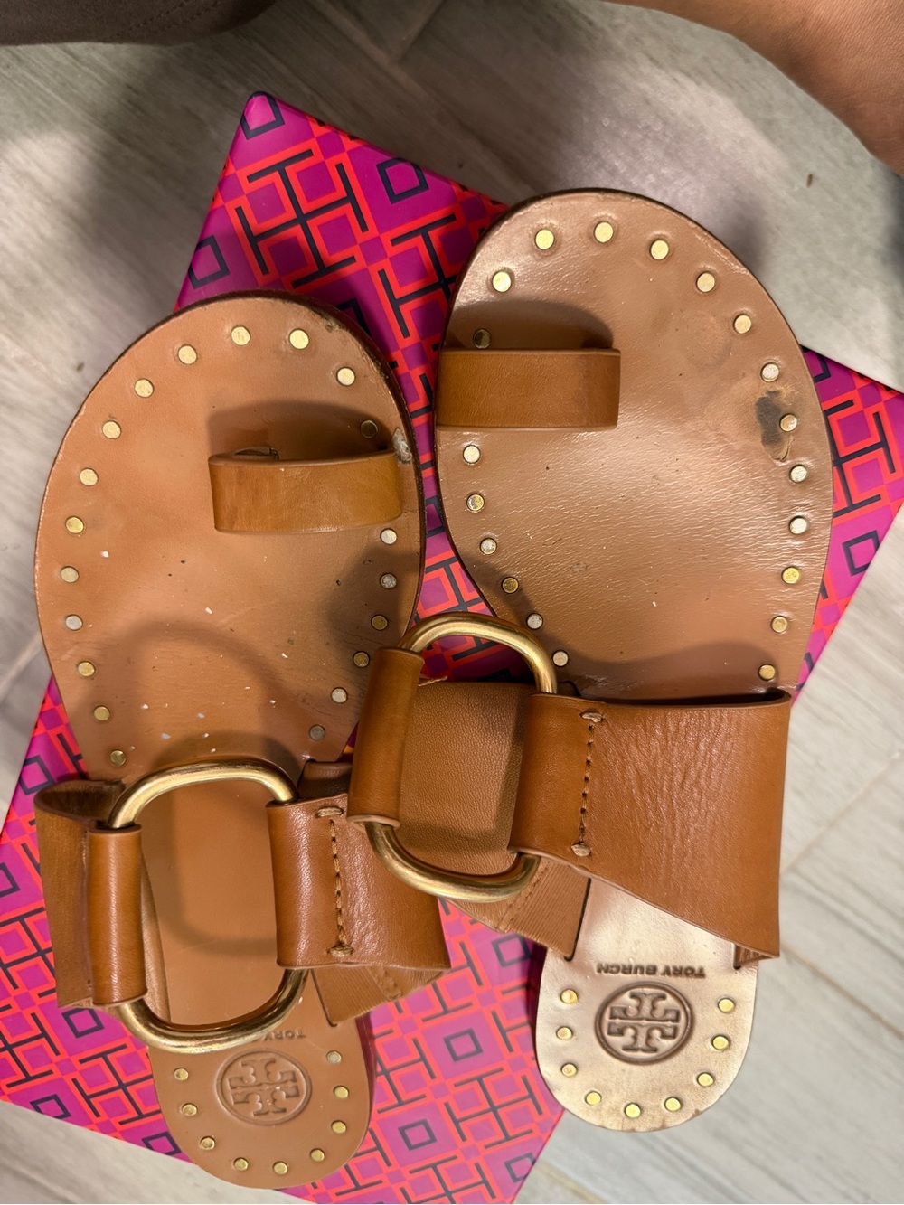 Tory Burch Cognac Leather Slide Sandals with Gold Rings